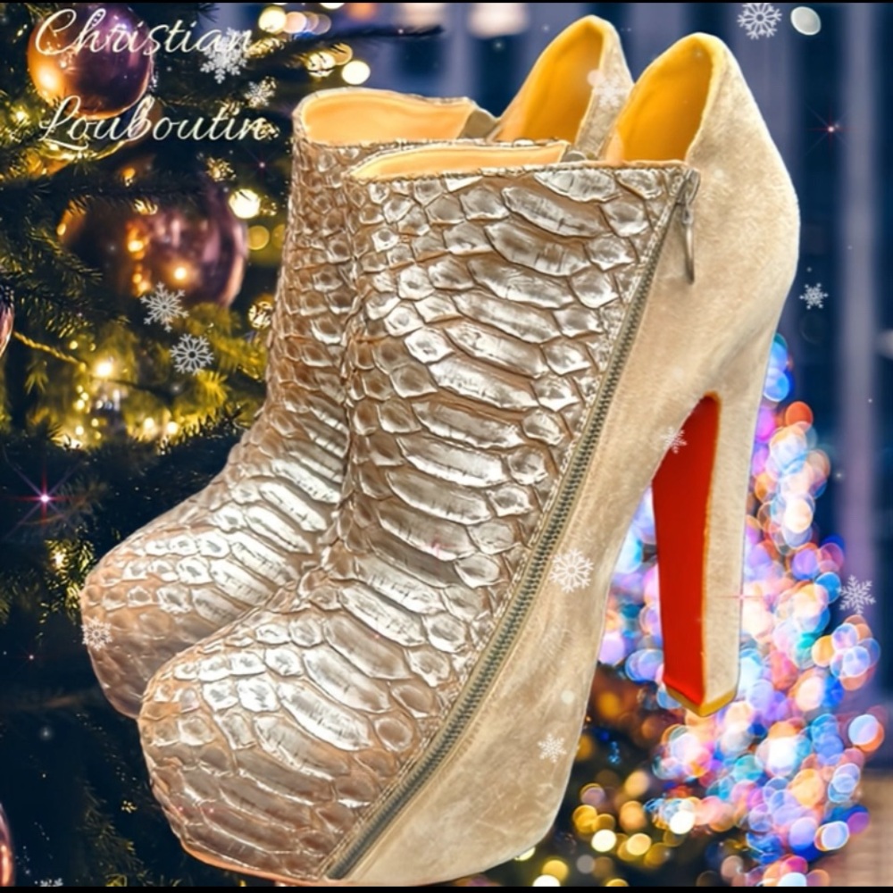 CHRISTIAN LOUBOUTIN RARE SILVER & SUEDE PYTHON HIGH HEEL ANKLE BOOTS -9🔥👠